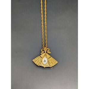 Vintage Linda 14KGE Fan Pendant Secret Watch Necklace Rhinestone Gold Plated 30"